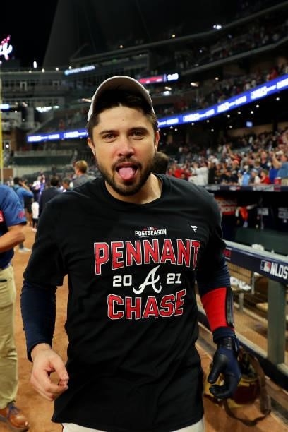 Travis d'Arnaud of the Atlanta Braves reacts post game following the win over the Milwaukee Brewers in game four of the National League Division...