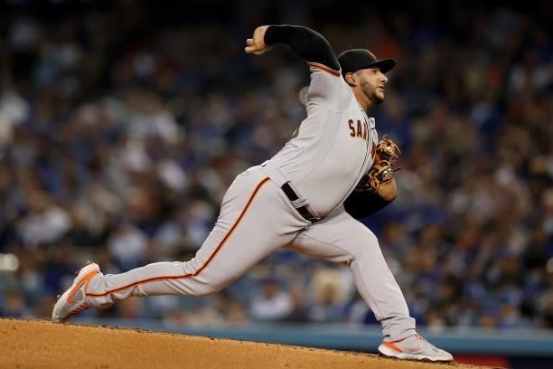 Kervin Castro of the San Francisco Giants pitches against the Los Angeles Dodgers during the third inning in game 4 of the National League Division...