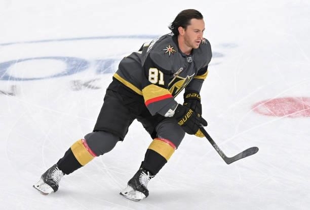 Jonathan Marchessault of the Vegas Golden Knights warms up prior to a game against the Seattle Kraken at T-Mobile Arena on October 12, 2021 in Las...