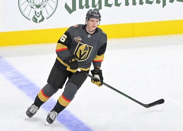 Pavel Dorofeyev of the Vegas Golden Knights warms up prior to a game against the Seattle Kraken at T-Mobile Arena on October 12, 2021 in Las Vegas,...