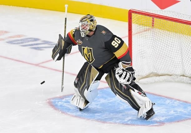 Robin Lehner of the Vegas Golden Knights warms up prior to a game against the Seattle Kraken at T-Mobile Arena on October 12, 2021 in Las Vegas,...
