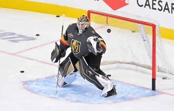 Robin Lehner of the Vegas Golden Knights warms up prior to a game against the Seattle Kraken at T-Mobile Arena on October 12, 2021 in Las Vegas,...