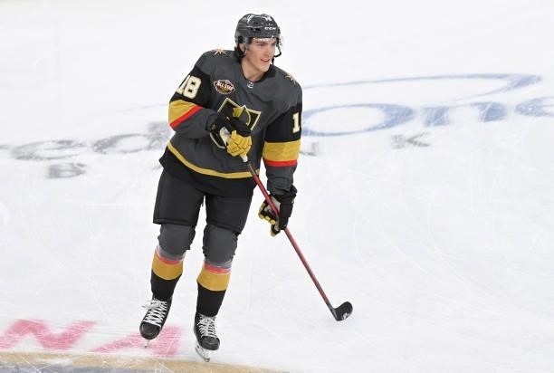 Peyton Krebs of the Vegas Golden Knights warms up prior to a game against the Seattle Kraken at T-Mobile Arena on October 12, 2021 in Las Vegas,...
