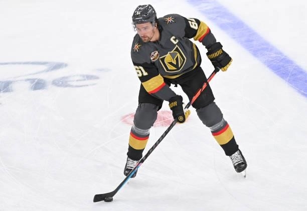 Mark Stone of the Vegas Golden Knights warms up prior to a game against the Seattle Kraken at T-Mobile Arena on October 12, 2021 in Las Vegas, Nevada.