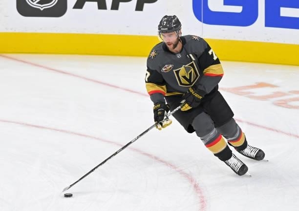 Alex Pietrangelo of the Vegas Golden Knights warms up prior to a game against the Seattle Kraken at T-Mobile Arena on October 12, 2021 in Las Vegas,...