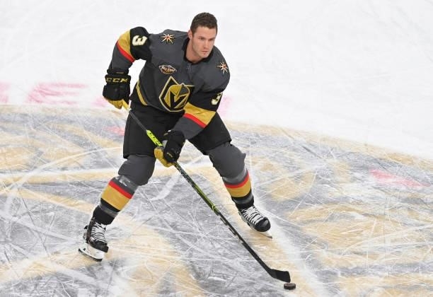 Brayden McNabb of the Vegas Golden Knights warms up prior to a game against the Seattle Kraken at T-Mobile Arena on October 12, 2021 in Las Vegas,...