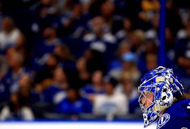 Andrei Vasilevskiy of the Tampa Bay Lightning looks on during the third period of a game against the Pittsburgh Penguins at Amalie Arena on October...