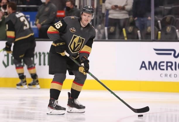 Pavel Dorofeyev of the Vegas Golden Knights warms up prior to a game against the Seattle Kraken at T-Mobile Arena on October 12, 2021 in Las Vegas,...
