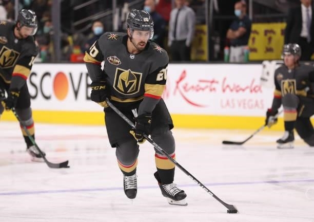 Chandler Stephenson of the Vegas Golden Knights warms up prior to a game against the Seattle Kraken at T-Mobile Arena on October 12, 2021 in Las...
