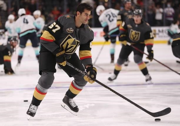 Max Pacioretty of the Vegas Golden Knights warms up prior to a game against the Seattle Kraken at T-Mobile Arena on October 12, 2021 in Las Vegas,...