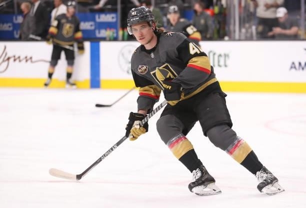 Nolan Patrick of the Vegas Golden Knights warms up prior to a game against the Seattle Kraken at T-Mobile Arena on October 12, 2021 in Las Vegas,...
