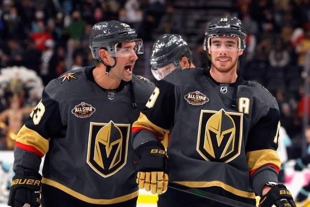 Alec Martinez and Reilly Smith of the Vegas Golden Knights skate in warmups prior to the game against the Seattle Kraken at T-Mobile Arena on October...