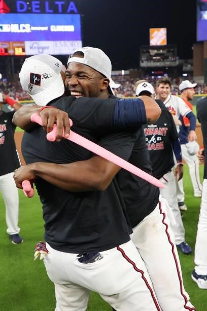 Guillermo Heredia of the Atlanta Braves celebrates post game after defeating the Milwaukee Brewers in game four of the National League Division...