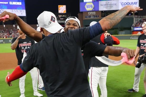 Guillermo Heredia of the Atlanta Braves celebrates post game after defeating the Milwaukee Brewers in game four of the National League Division...