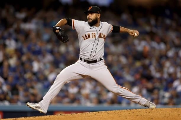 Jarlin Garcia of the San Francisco Giants pitches against the Los Angeles Dodgers during the third inning in game 4 of the National League Division...