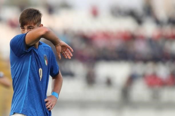 Lorenzo Lucca of Italy reacts during the 2022 UEFA European Under-21 Championship Qualifier match between Italy and Sweden at Stadio Brianteo on...