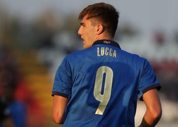 Lorenzo Lucca of Italy looks across his shoulder during the 2022 UEFA European Under-21 Championship Qualifier match between Italy and Sweden at...