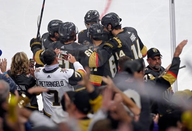 Max Pacioretty of the Vegas Golden Knights celebrates after scoring a goal during the first period against the Seattle Kraken at T-Mobile Arena on...
