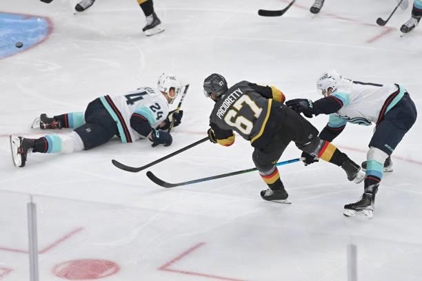 Max Pacioretty of the Vegas Golden Knights shoots the puck to score a goal during the first period of a game against the Seatle Kraken at T-Mobile...