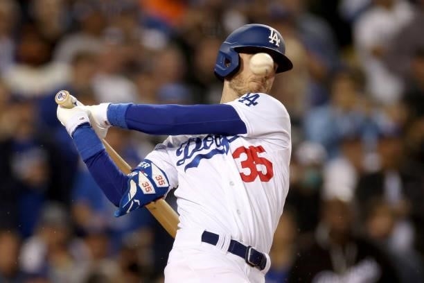 Cody Bellinger of the Los Angeles Dodgers at bat against the San Francisco Giants during the third inning in game 4 of the National League Division...