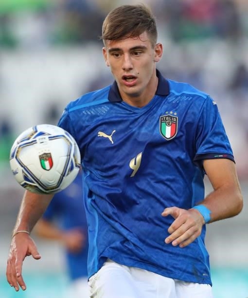 Lorenzo Lucca of Italy during the 2022 UEFA European Under-21 Championship Qualifier match between Italy and Sweden at Stadio Brianteo on October 12,...