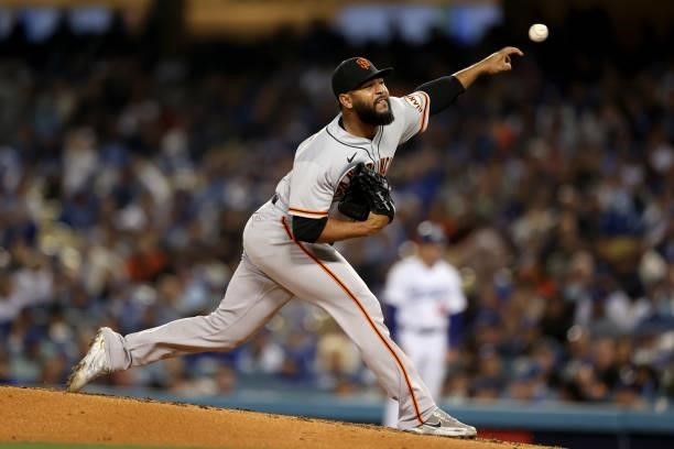 Jarlin Garcia of the San Francisco Giants against the Los Angeles Dodgers pitches during the fourth inning in game 4 of the National League Division...