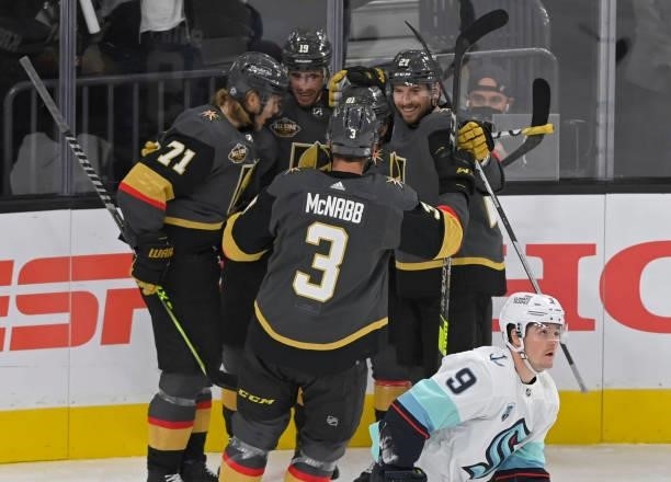 Jonathan Marchessault of the Vegas Golden Knights celebrates after scoring a goal during the first period of a game against the Seatle Kraken at...