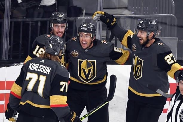 Jonathan Marchessault of the Vegas Golden Knights celebrates his goal against the Seattle Kraken at 6:36 of the first period of the Kraken's...