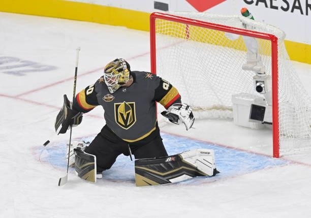 Robin Lehner of the Vegas Golden Knights makes a save during the first period against the Seattle Kraken at T-Mobile Arena on October 12, 2021 in Las...