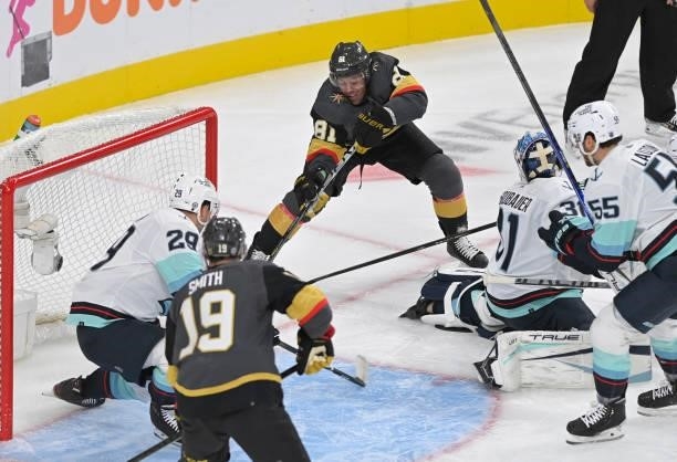 Jonathan Marchessault of the Vegas Golden Knights scores a goal during the first period of a game against the Seatle Kraken at T-Mobile Arena on...