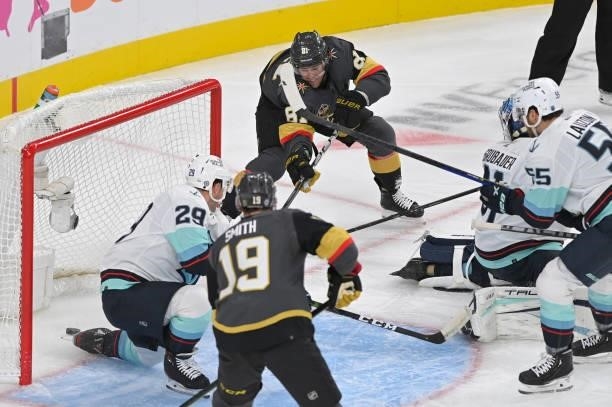 Jonathan Marchessault of the Vegas Golden Knights scores a goal during the first period of a game against the Seatle Kraken at T-Mobile Arena on...