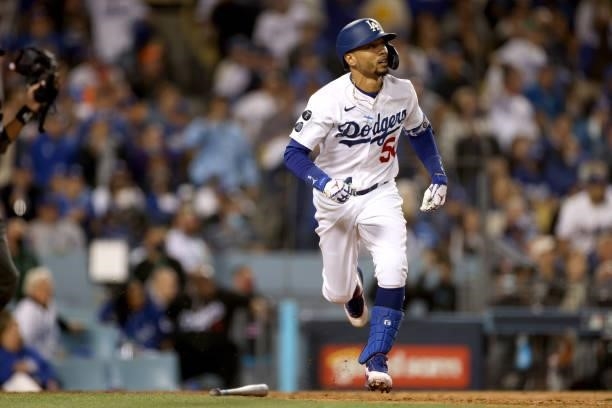 Mookie Betts of the Los Angeles Dodgers watches his two run home run against the San Francisco Giants during the fourth inning in game 4 of the...