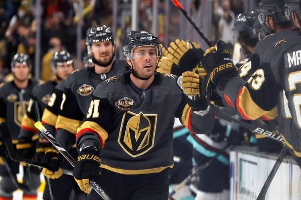 Jonathan Marchessault of the Vegas Golden Knights celebrates his goal against the Seattle Kraken at 6:36 of the first period of the Kraken's...