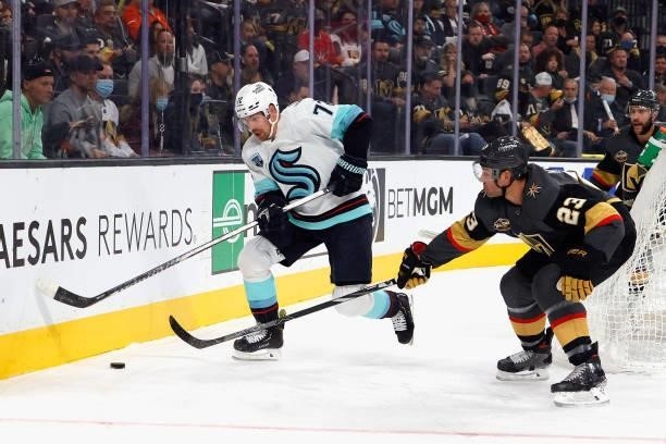 Joonas Donskoi of the Seattle Kraken skates in his 400th NHL game against Alec Martinez of the Vegas Golden Knights during the first period of the...