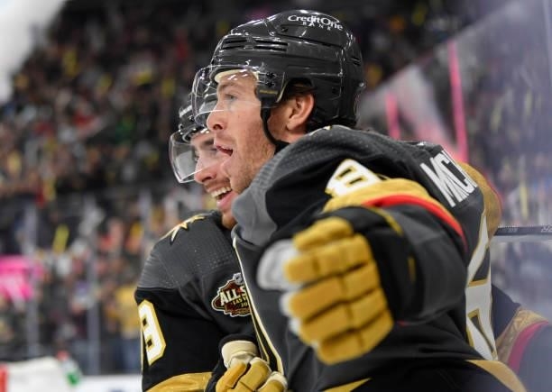 Jonathan Marchessault of the Vegas Golden Knights celebrates after scoring a goal during the first period of a game against the Seatle Kraken at...