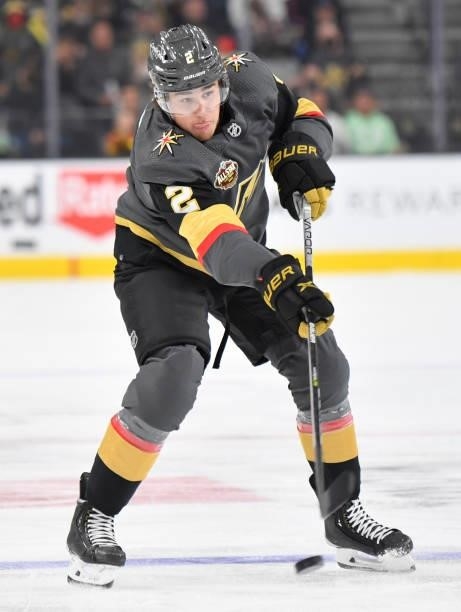 Zach Whitecloud of the Vegas Golden Knights skates during the first period of a game against the Seatle Kraken at T-Mobile Arena on October 12, 2021...