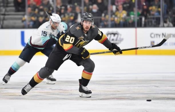 Chandler Stephenson of the Vegas Golden Knights skates during the first period of a game against the Seatle Kraken at T-Mobile Arena on October 12,...