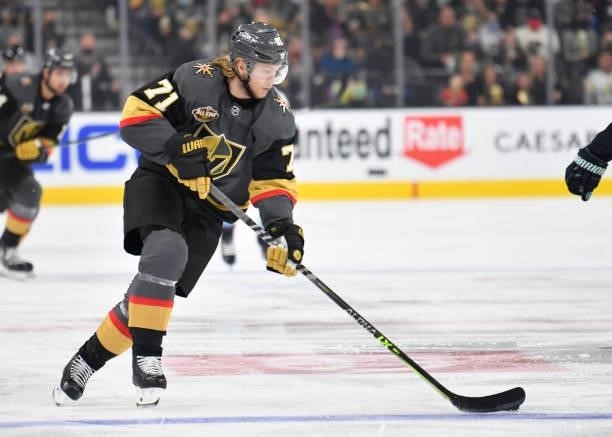 William Karlsson of the Vegas Golden Knights skates during the first period of a game against the Seatle Kraken at T-Mobile Arena on October 12, 2021...