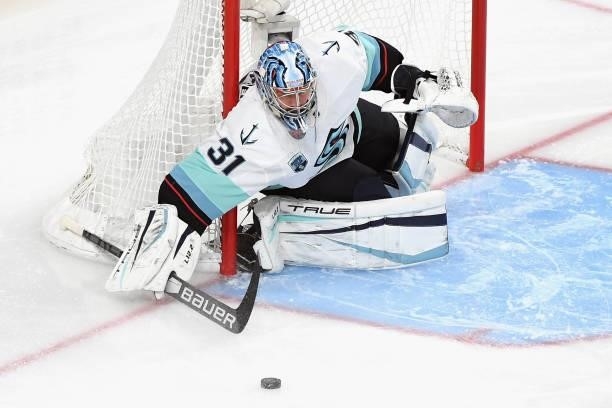 Philipp Grubauer of the Seattle Kraken makes the first period save against the Vegas Golden Knights during the first period of the Kraken's inaugural...