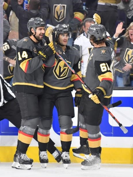 Max Pacioretty of the Vegas Golden Knights celebrates after scoring a goal during the first period against the Seattle Kraken at T-Mobile Arena on...