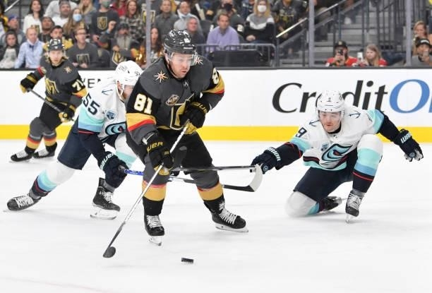 Jonathan Marchessault of the Vegas Golden Knights skates during the first period of a game against the Seatle Kraken at T-Mobile Arena on October 12,...