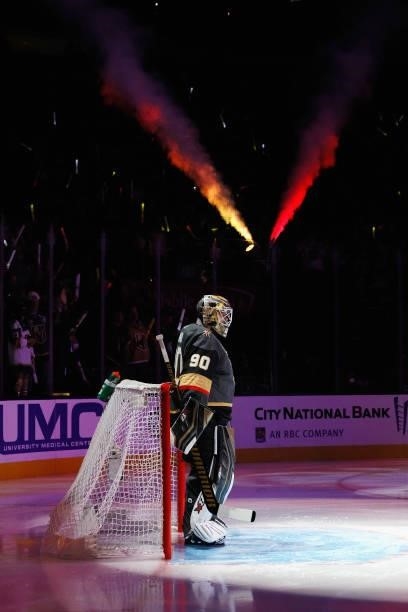 Robin Lehner of the Vegas Golden Knights is introduced prior to the start of the first period against the Seattle Kraken before the Kraken's...