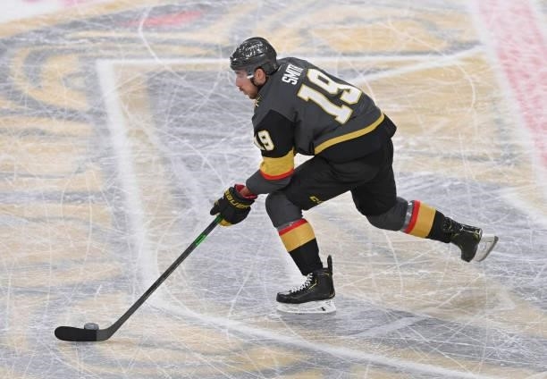 Reilly Smith of the Vegas Golden Knights skates during the first period of a game against the Seatle Kraken at T-Mobile Arena on October 12, 2021 in...