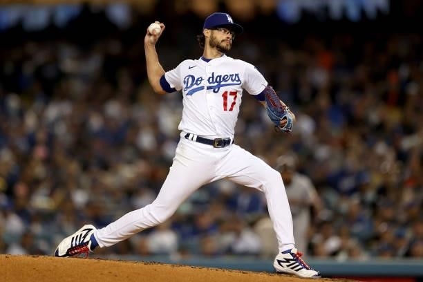 Joe Kelly of the Los Angeles Dodgers pitches against the San Francisco Giants during the fifth inning in game 4 of the National League Division...