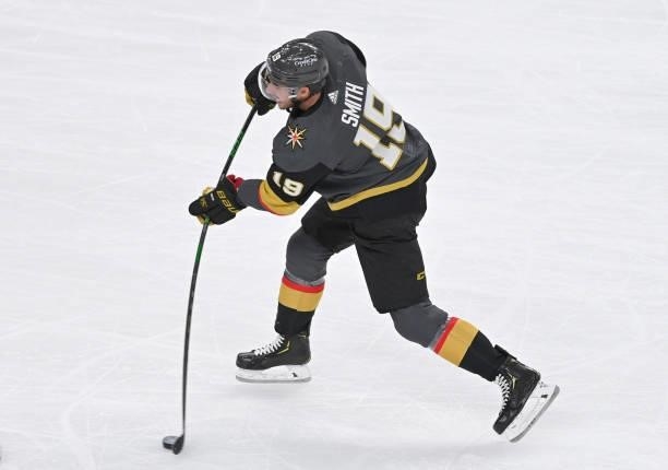 Reilly Smith of the Vegas Golden Knights shoots the puck during the first period of a game against the Seatle Kraken at T-Mobile Arena on October 12,...