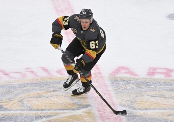 Evgenii Dadonov of the Vegas Golden Knights skates during the first period of a game against the Seatle Kraken at T-Mobile Arena on October 12, 2021...