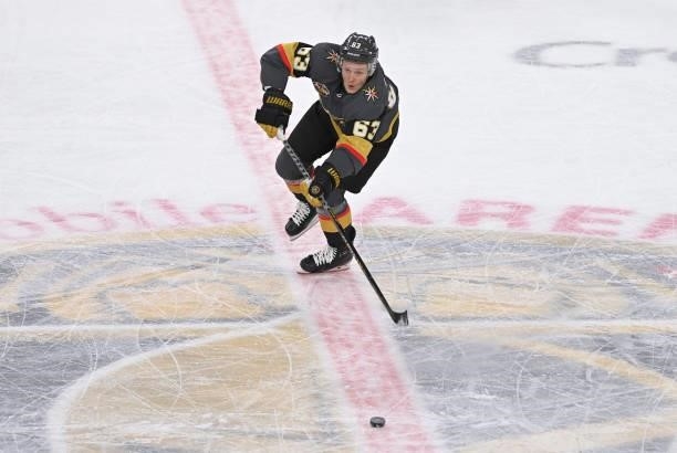 Evgenii Dadonov of the Vegas Golden Knights skates during the first period of a game against the Seatle Kraken at T-Mobile Arena on October 12, 2021...