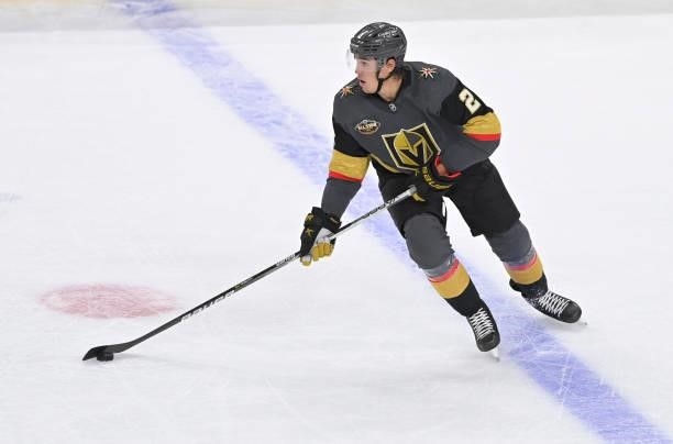 Zach Whitecloud of the Vegas Golden Knights skates during the first period of a game against the Seatle Kraken at T-Mobile Arena on October 12, 2021...