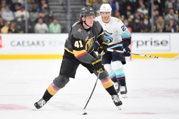 Nolan Patrick of the Vegas Golden Knights skates during the first period of a game against the Seatle Kraken at T-Mobile Arena on October 12, 2021 in...