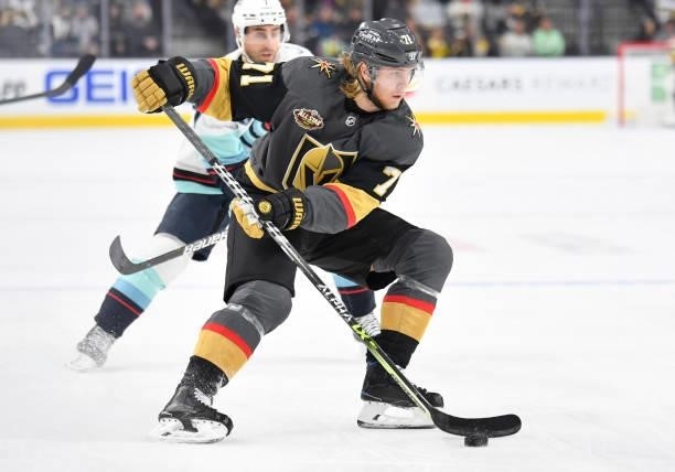 William Karlsson of the Vegas Golden Knights skates during the first period of a game against the Seatle Kraken at T-Mobile Arena on October 12, 2021...